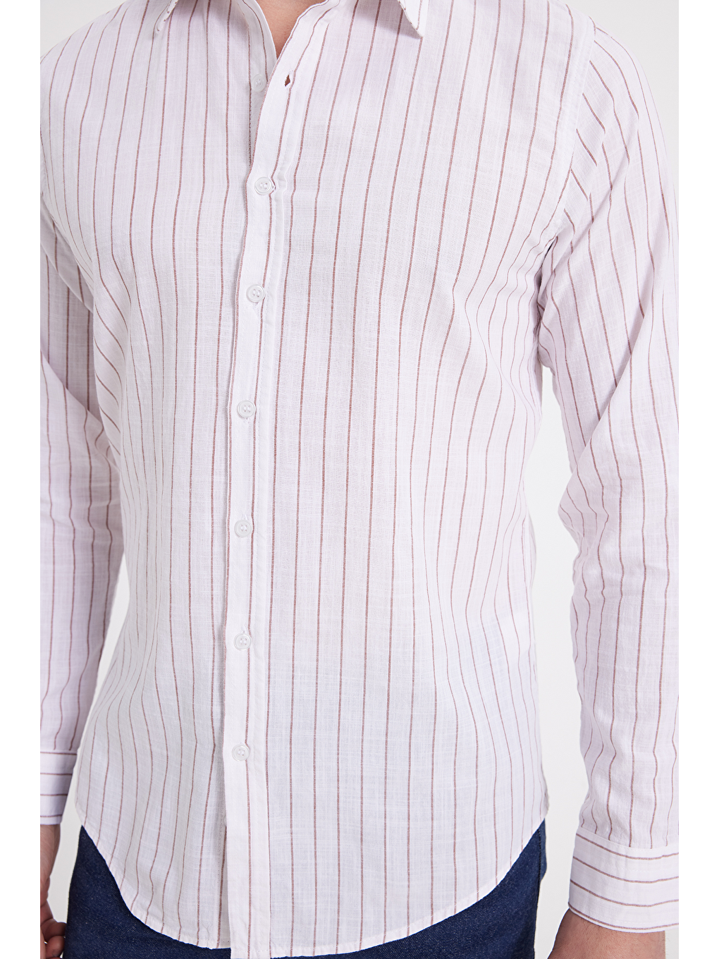 Beyaz Erkek Slim Fit Dar Kesim Uzun Kollu %100 Pamuk Keten Doku Çizgili Gömlek-4