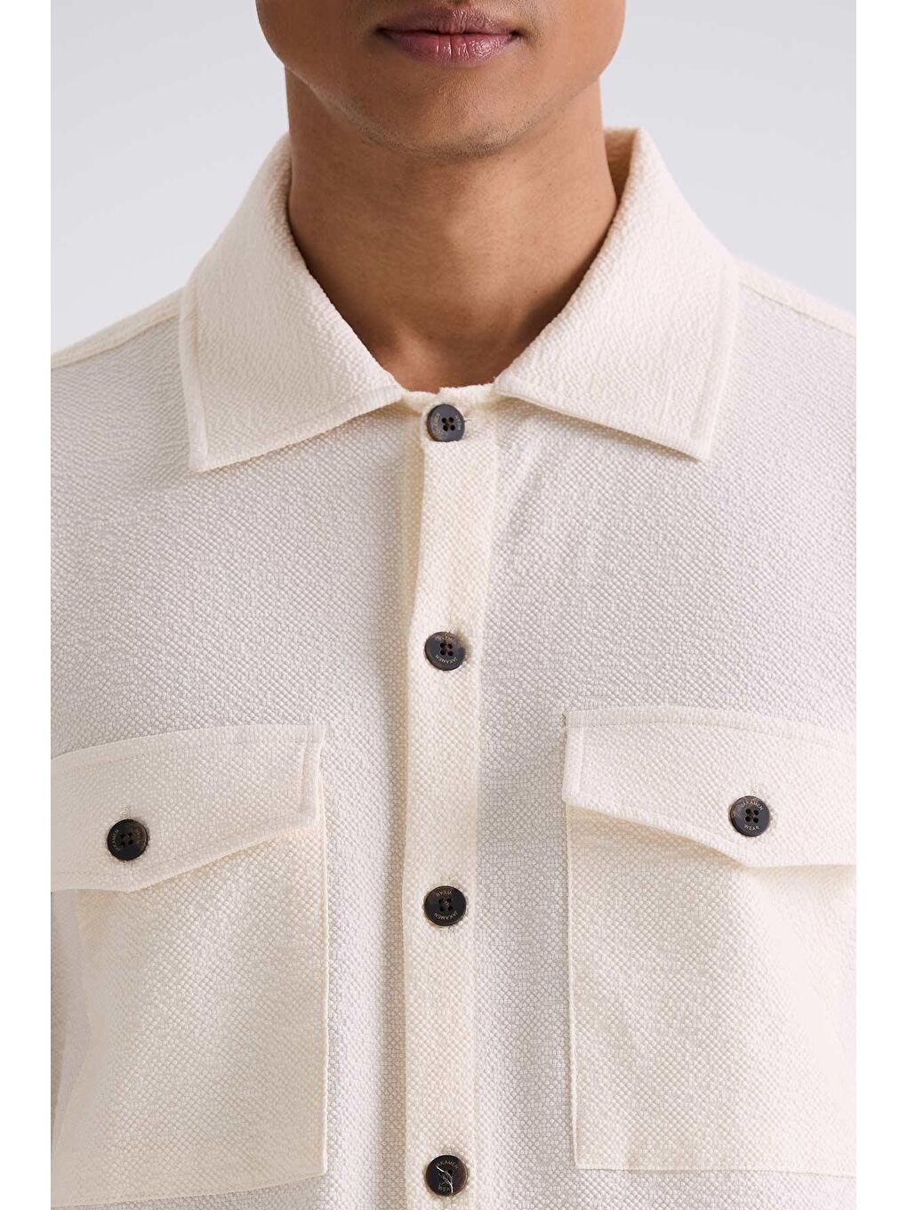 Ekru Krem Slim Fit Düğmeli Yaka Cepli Spor Gömlek-2