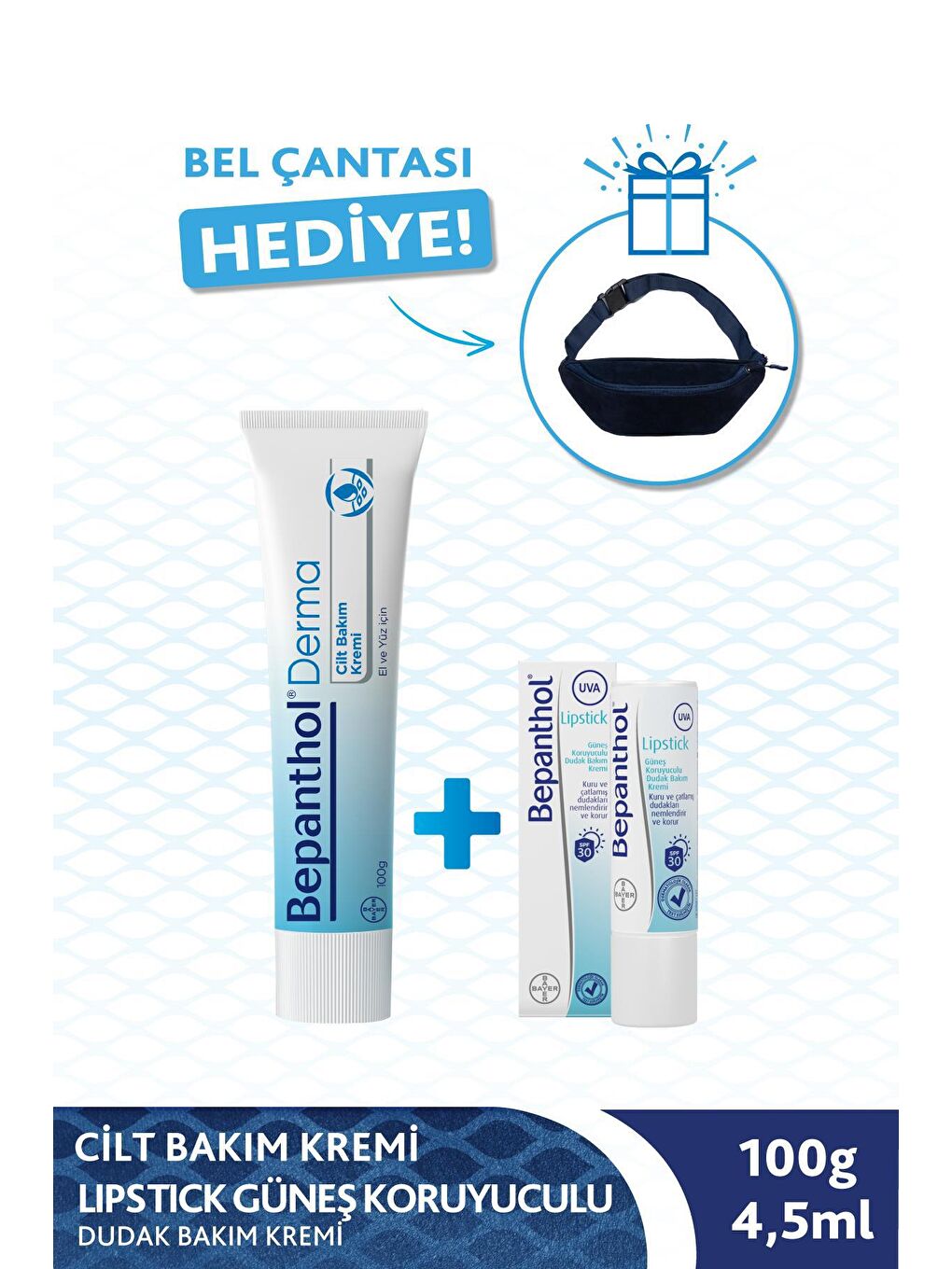 Bepanthol Şeffaf Derma Cilt Bakım Kremi 100g + Lipstick Güneş Koruyucu Dudak Bakım Kremi 4.5ml + Bel Çantası Hediye