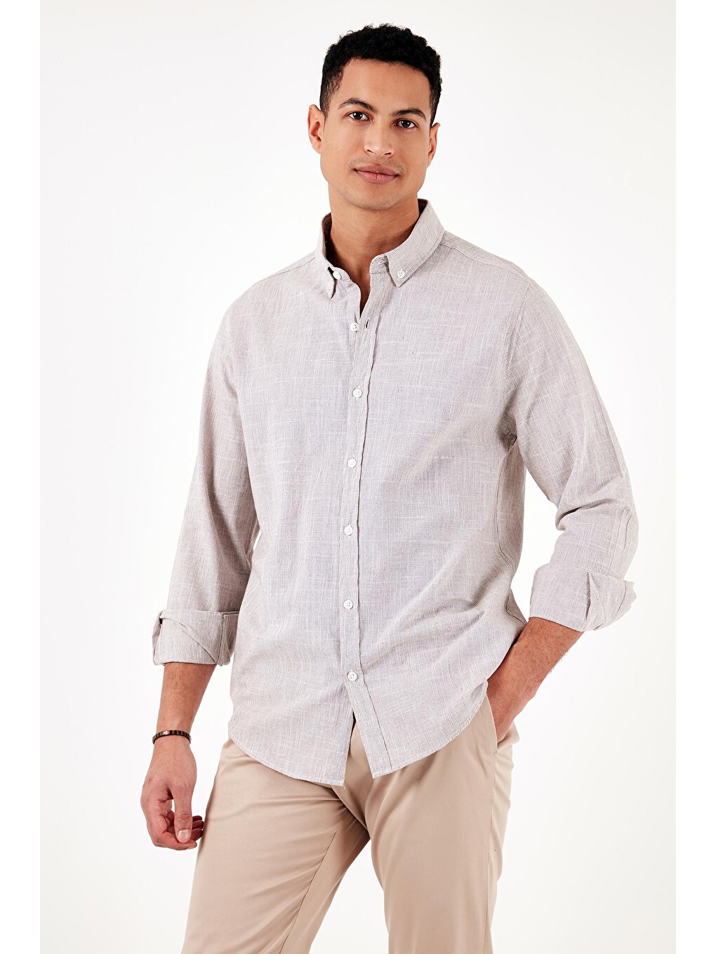 Kahverengi Pamuklu Regular Fit Düğmeli Yaka Gömlek Cf24s116488-3