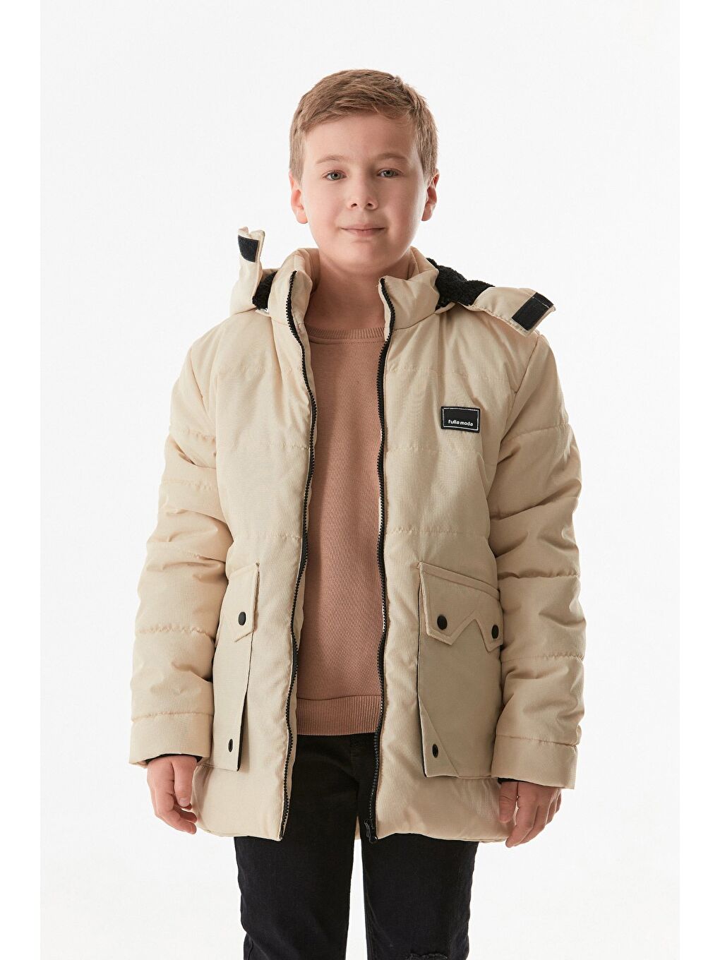 Bej Armalı Çift Cepli Kapüşonlu Erkek Çocuk Mont-1