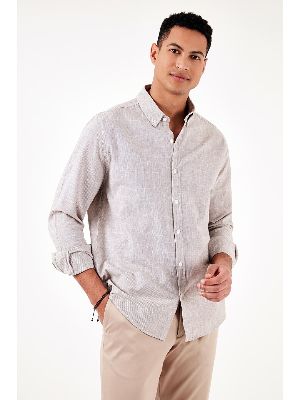 Kahverengi Pamuklu Regular Fit Düğmeli Yaka Gömlek Cf24s116488-4