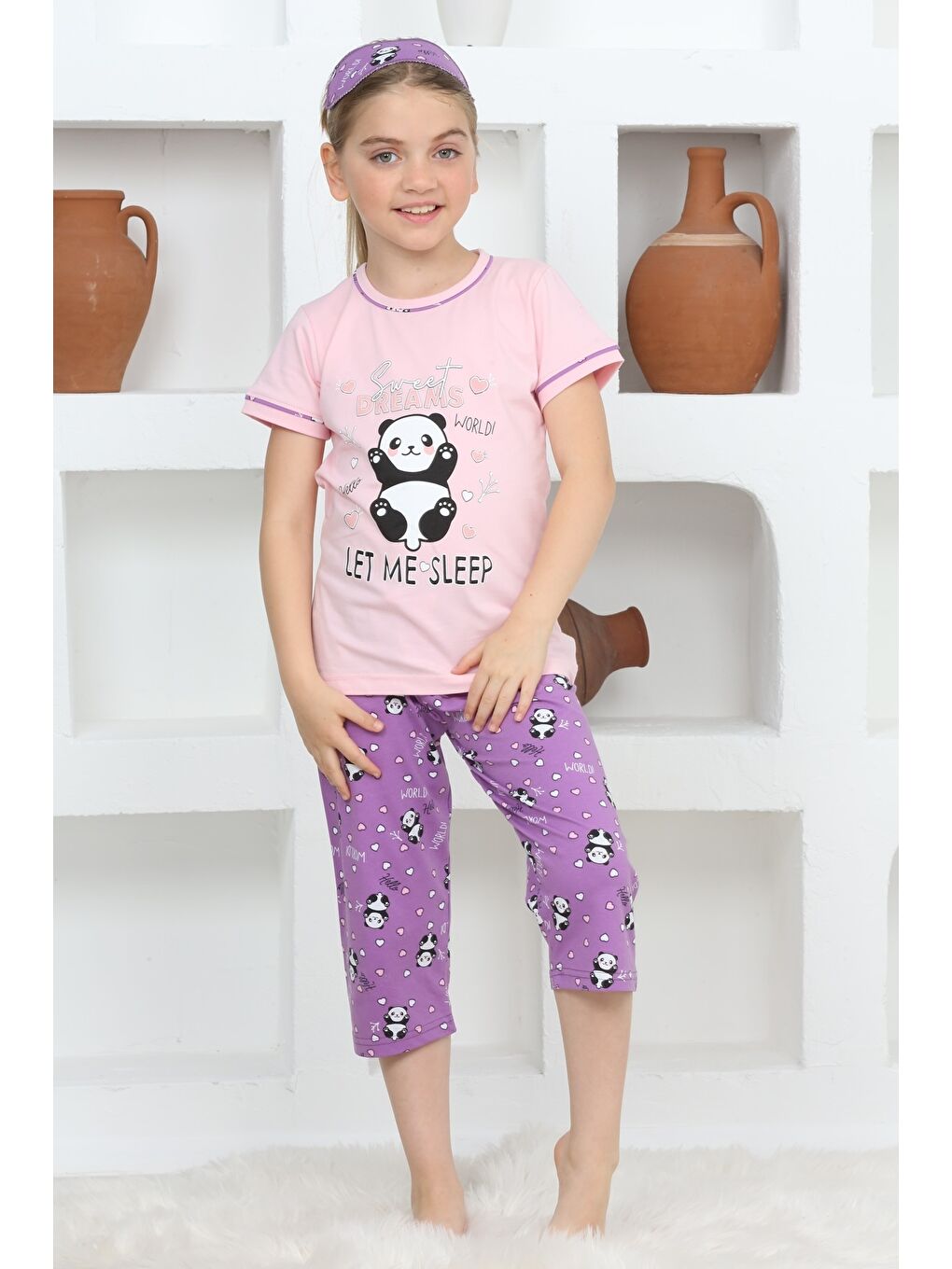 Kapi Kids Pembe Kız Çocuk Uyku Bantlı-Kaprili-Pijama Takımı Mnx6112-14