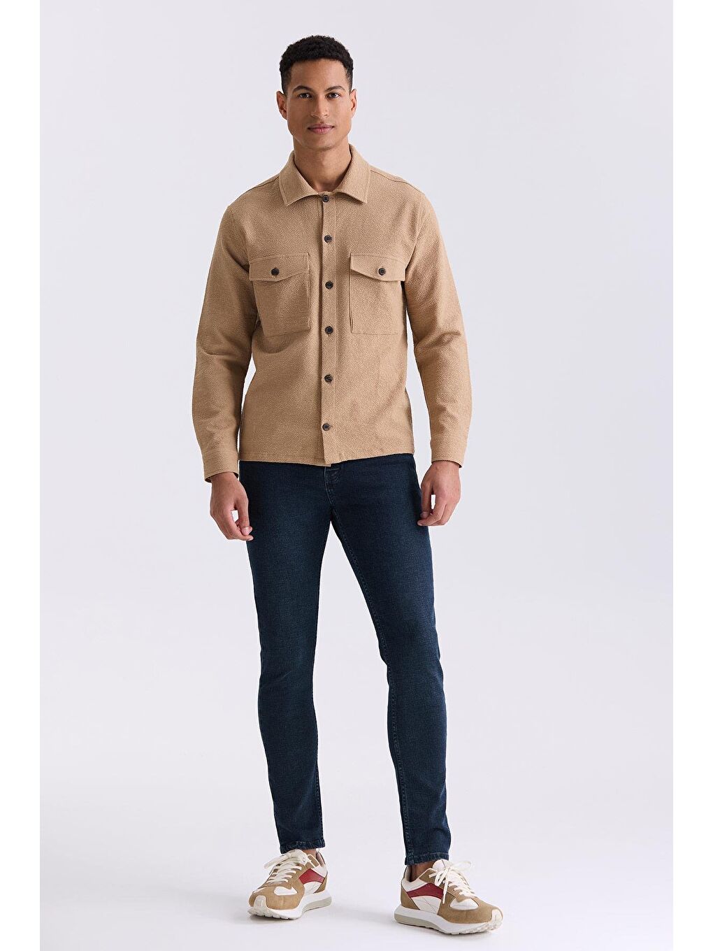 Kahverengi Taba Slim Fit Düğmeli Yaka Cepli Spor Gömlek-1