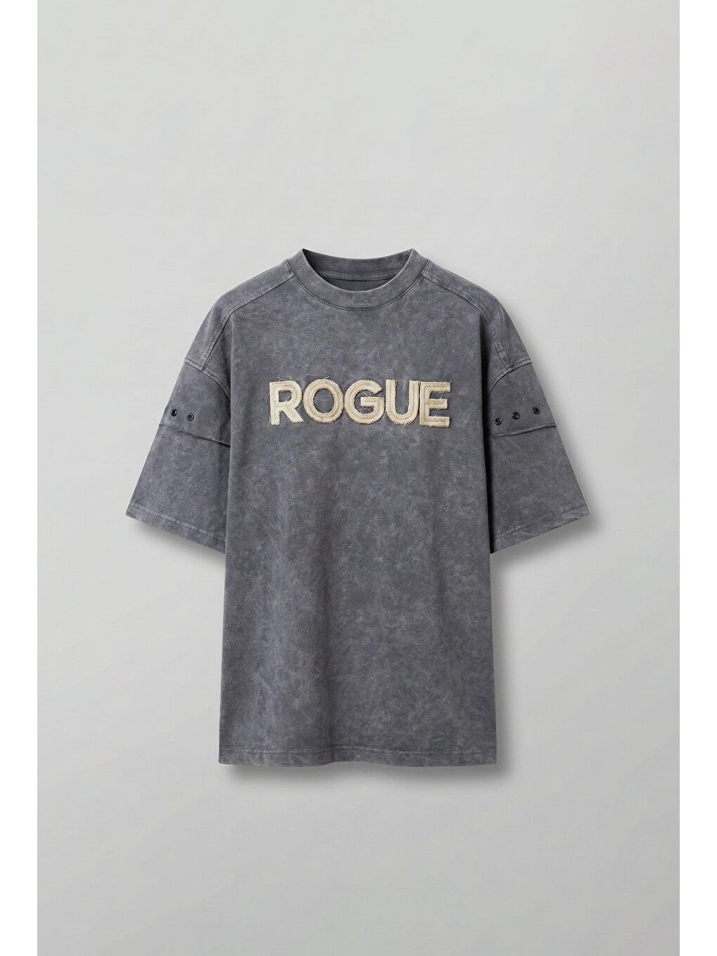 Gri Erkek Yıkamalı Nakışlı Oversize T-Shirt Füme