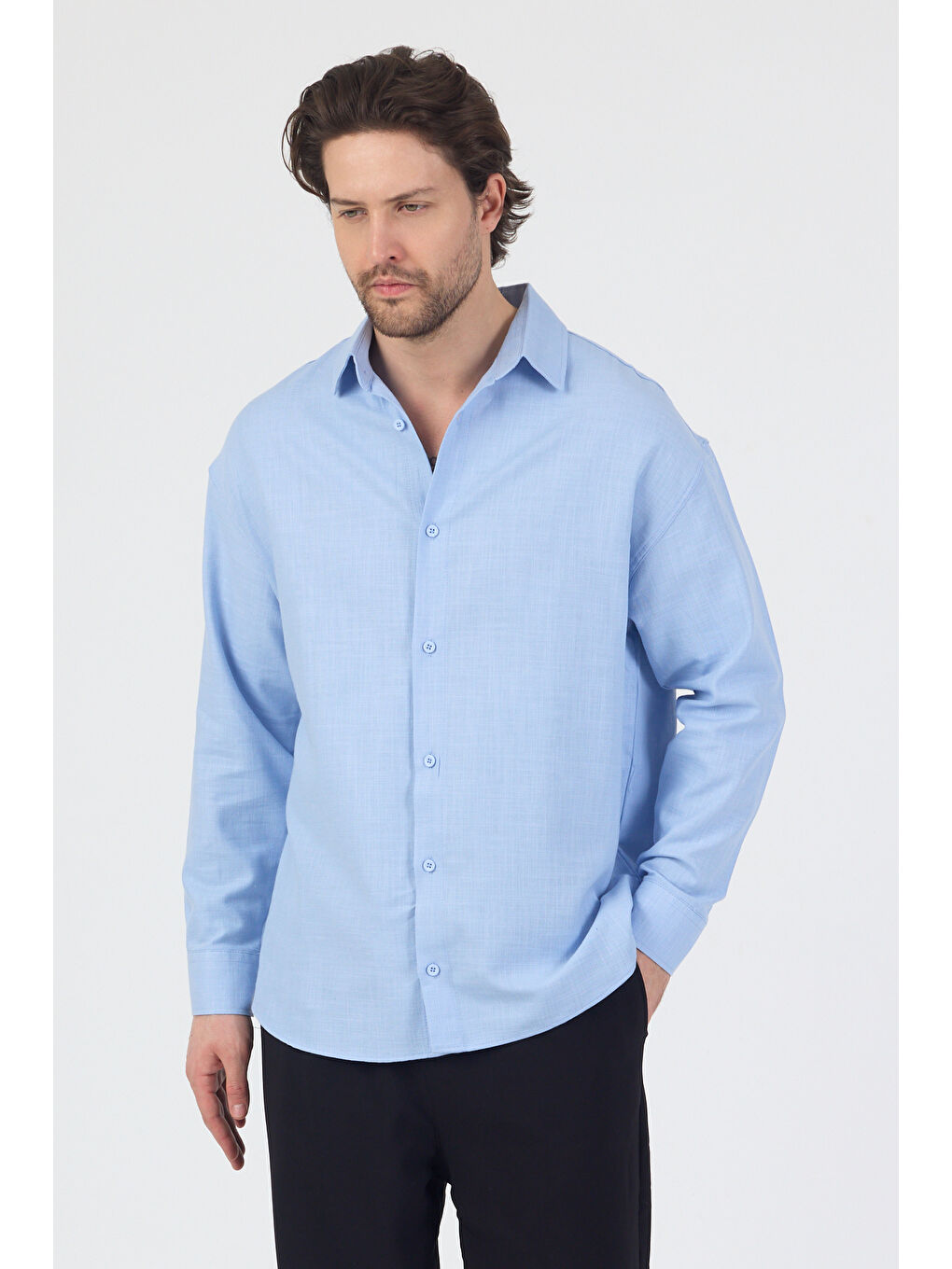 Erkek Pamuklu Keten Görünümlü Gömlek Mavi-1