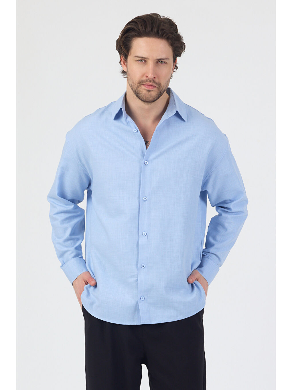 Erkek Pamuklu Keten Görünümlü Gömlek Mavi-2