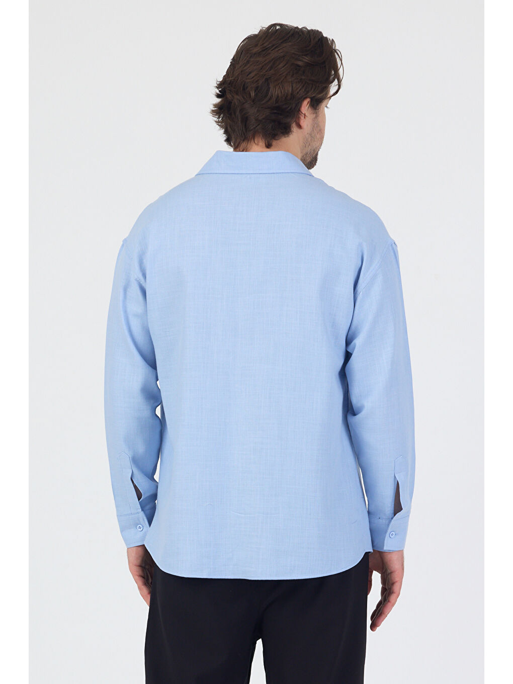 Erkek Pamuklu Keten Görünümlü Gömlek Mavi-3