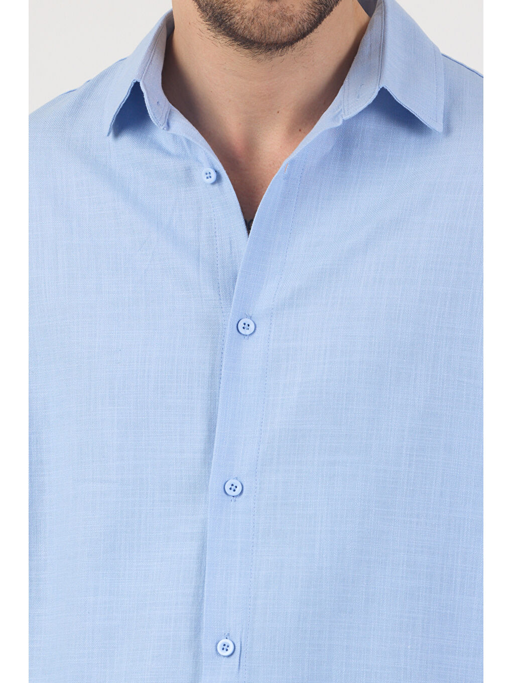 Erkek Pamuklu Keten Görünümlü Gömlek Mavi-4