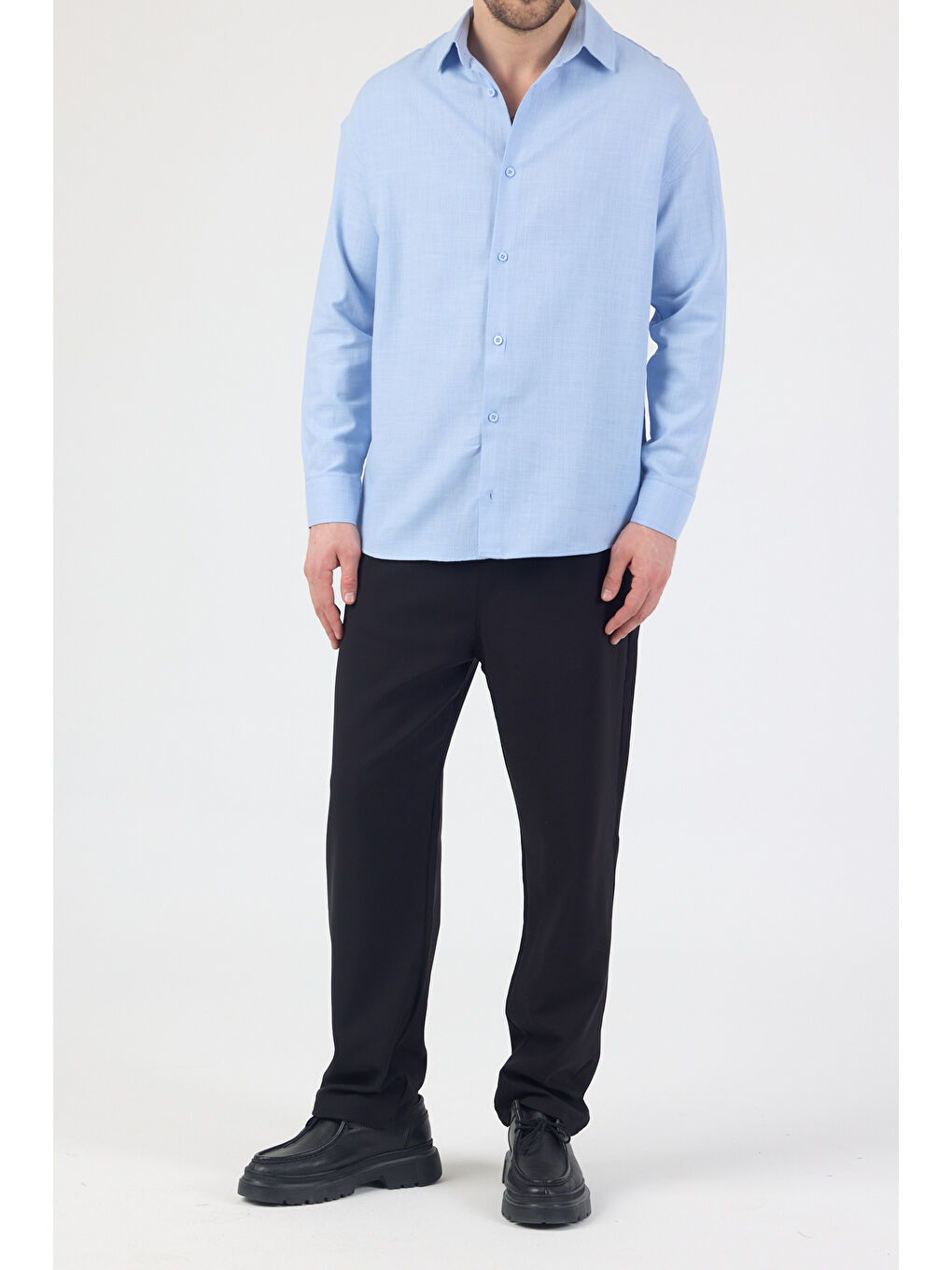 Erkek Pamuklu Keten Görünümlü Gömlek Mavi-5