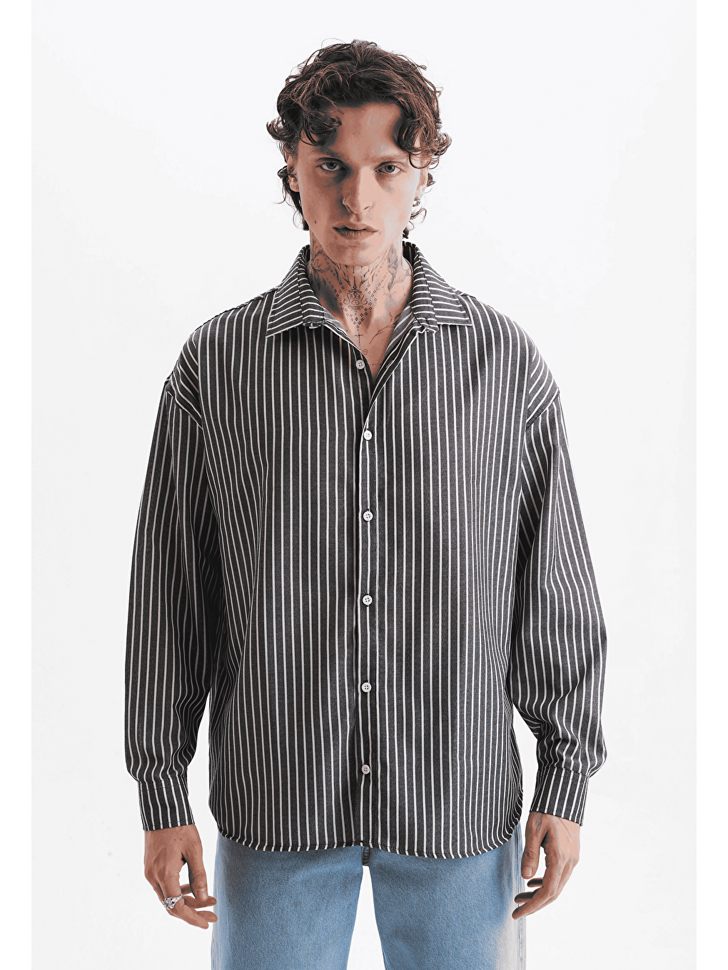 Erkek %100 Pamuklu Çizgili Gömlek Siyah-1