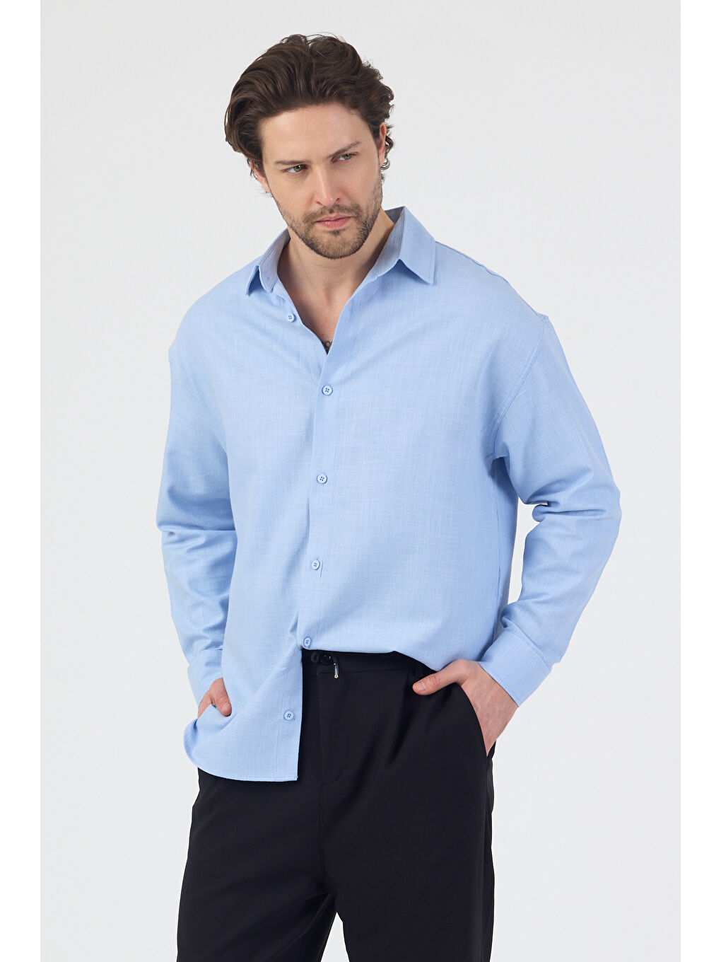 Erkek Pamuklu Keten Görünümlü Gömlek Mavi-6