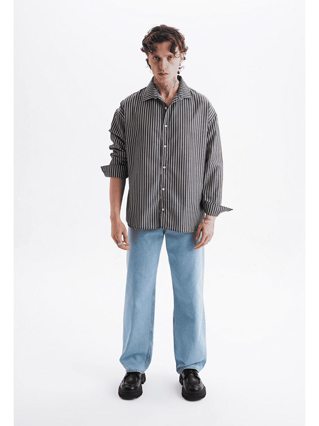 Erkek %100 Pamuklu Çizgili Gömlek Siyah-2