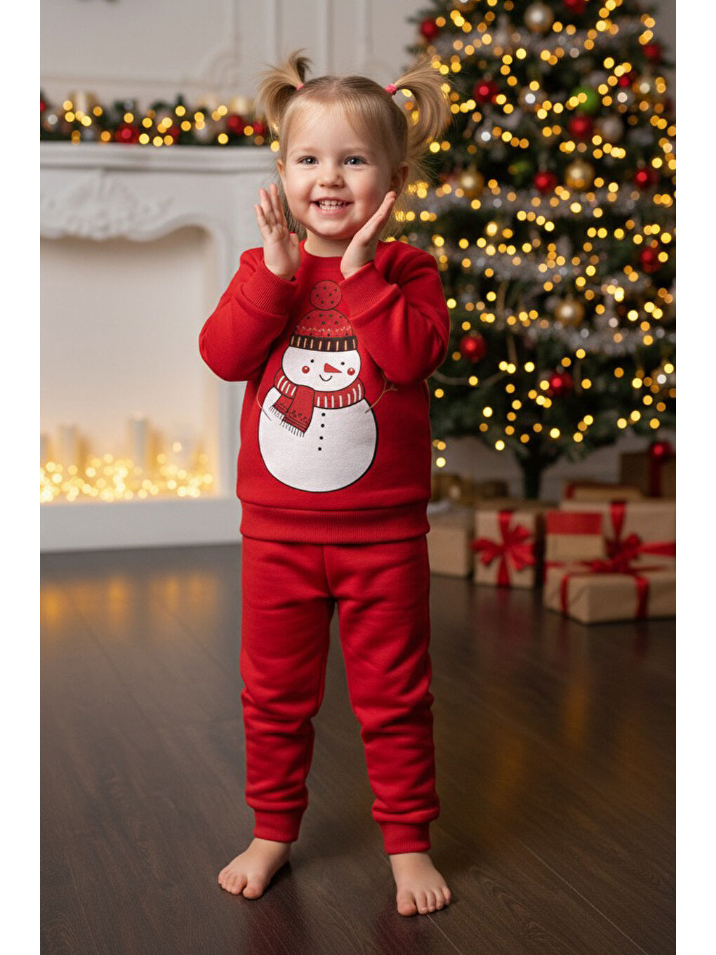 Kırmızı Kız Çocuk Kirmizi Baskılı Üç İplik Şardonlu Takım - 27970-KIRMIZI