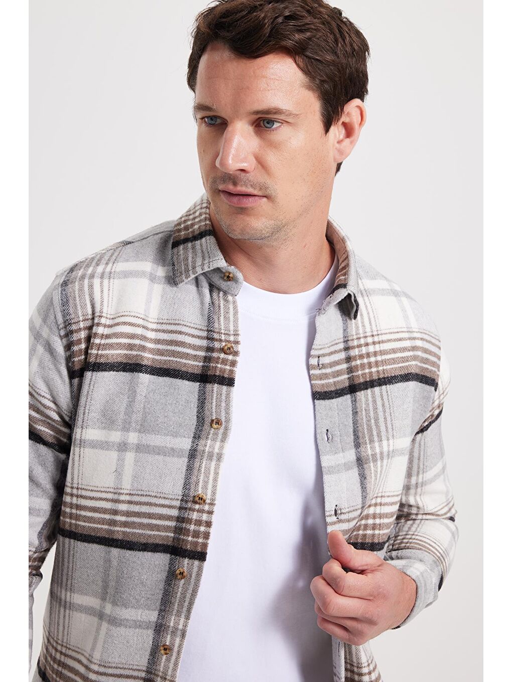 Gri Erkek Slim Fit Dar Kesim Kareli Kışlık Oduncu Gömlek-2