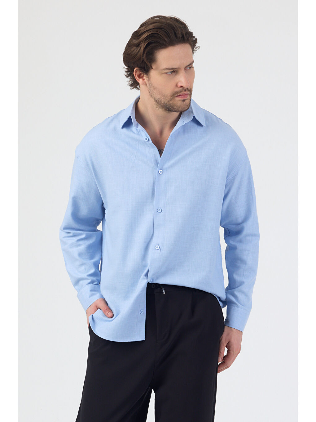 Erkek Pamuklu Keten Görünümlü Gömlek Mavi-7