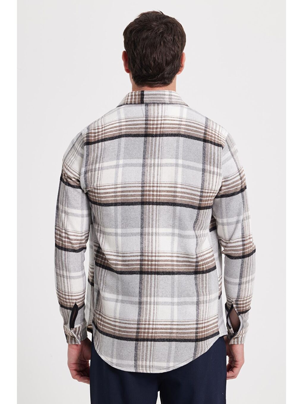 Gri Erkek Slim Fit Dar Kesim Kareli Kışlık Oduncu Gömlek-5