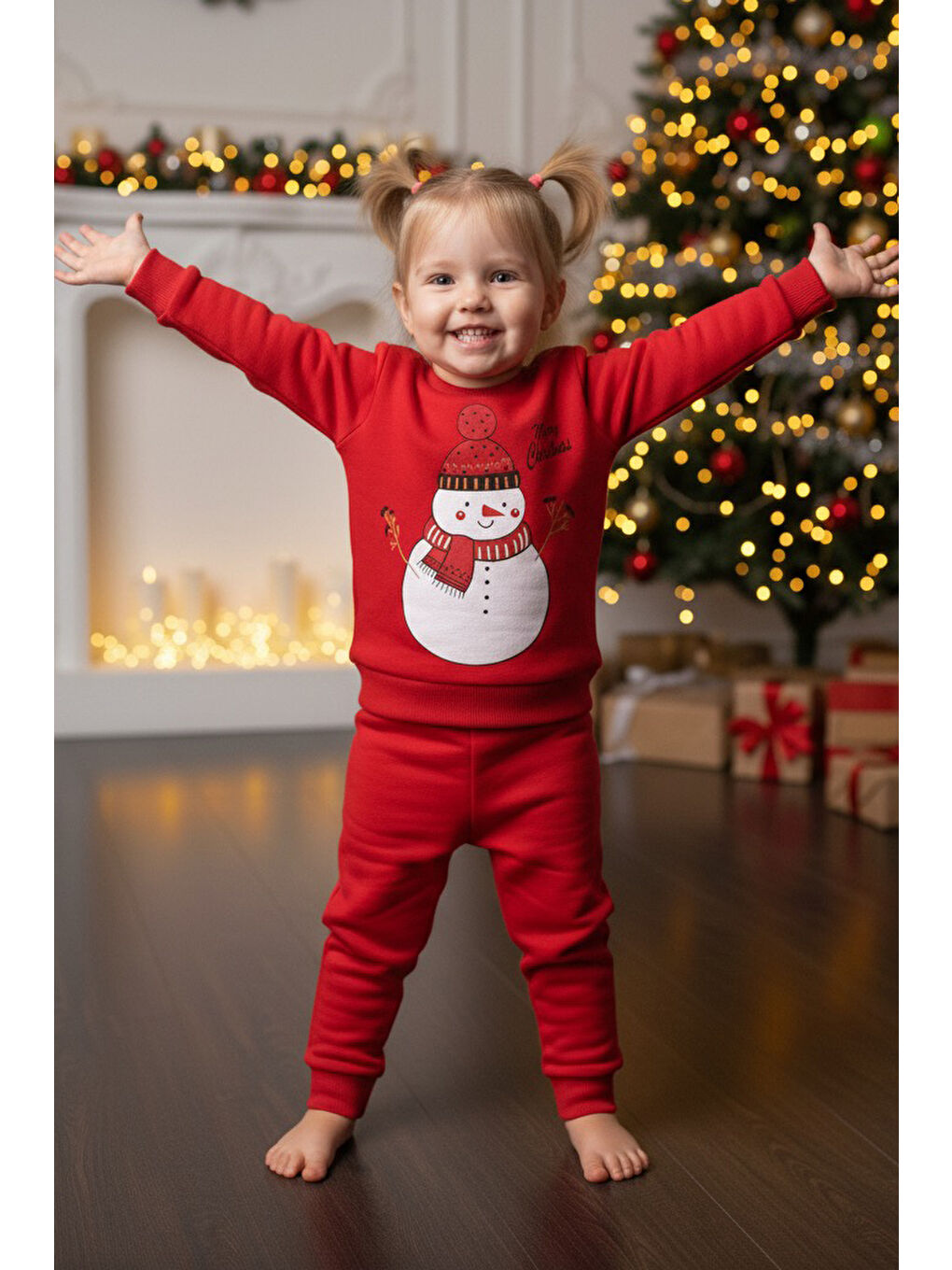 Kırmızı Kız Çocuk Kirmizi Baskılı Üç İplik Şardonlu Takım - 27970-KIRMIZI-1