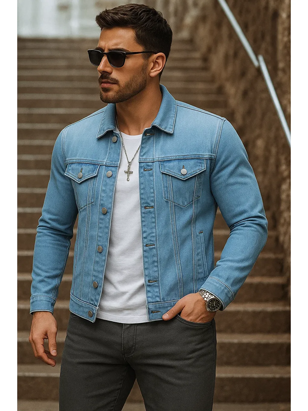 Erkek Mevsimlik Basic Günlük Trend B.Mavi Jean Ceket-1