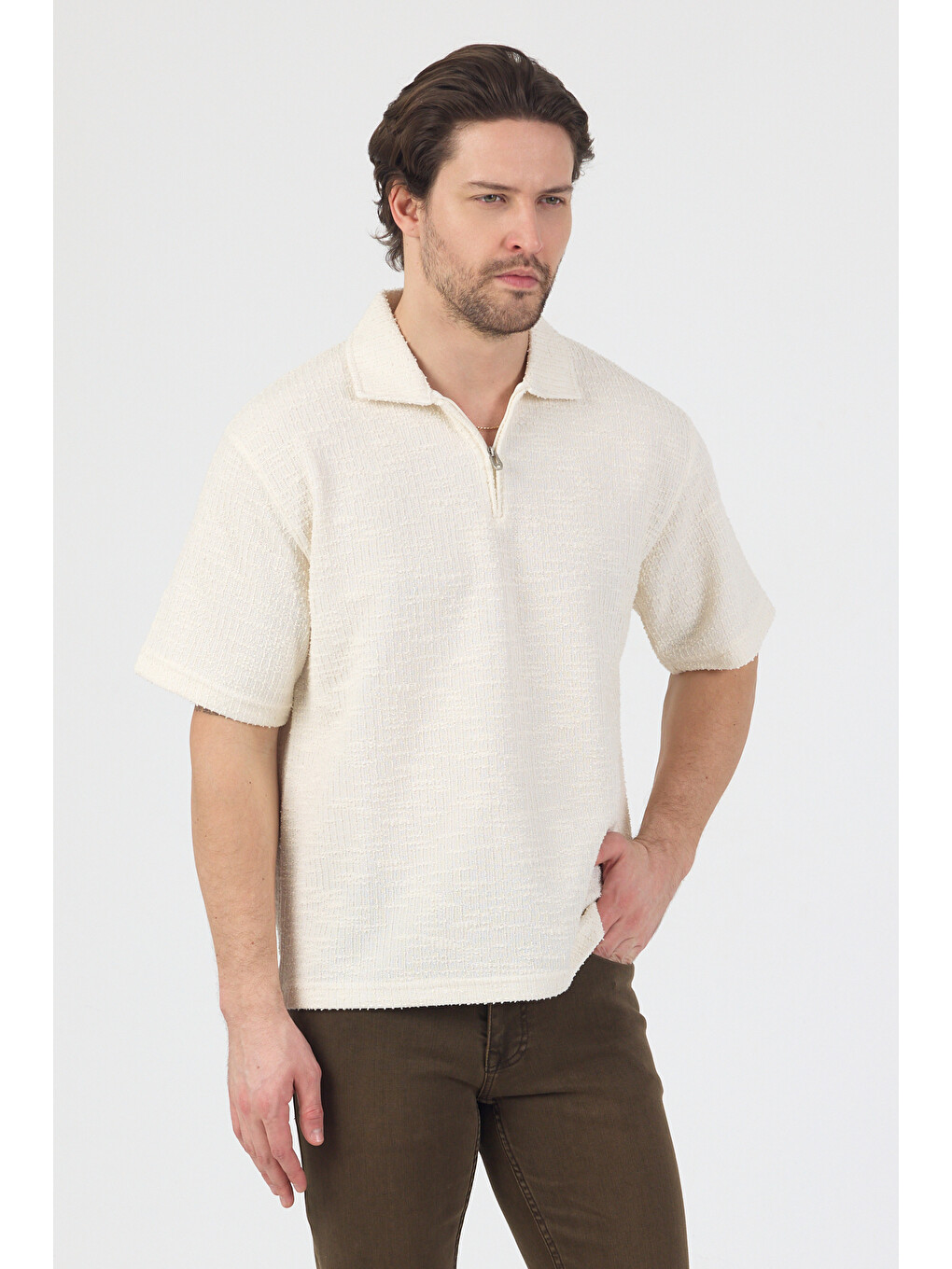 Erkek Teknik Kumaş Polo Yaka Tshirt Ekru