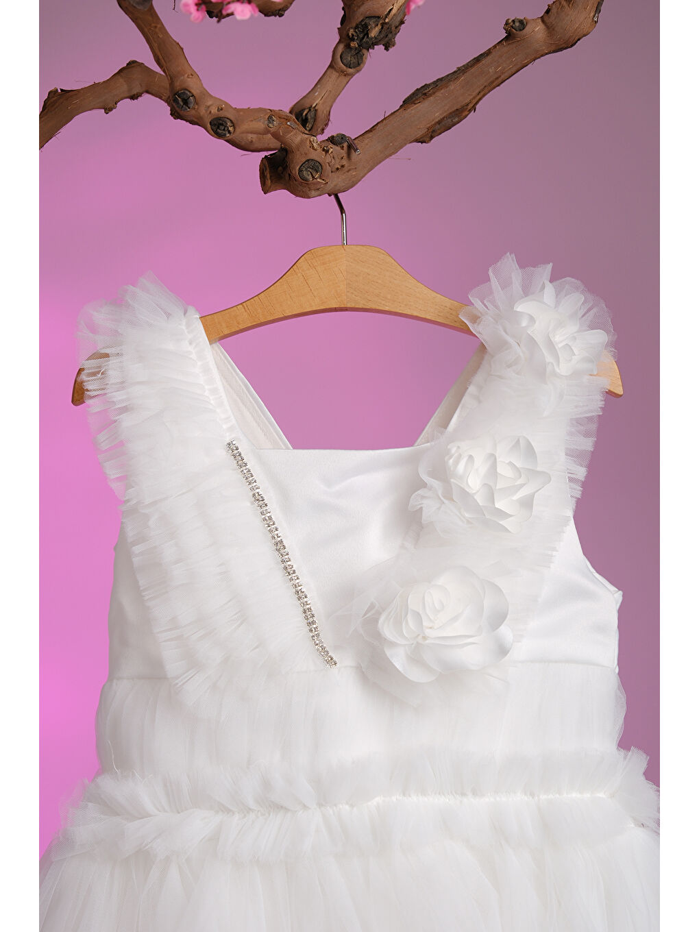 Beyaz Gül Detaylı Kız Çocuk Abiye ABY.30003-1