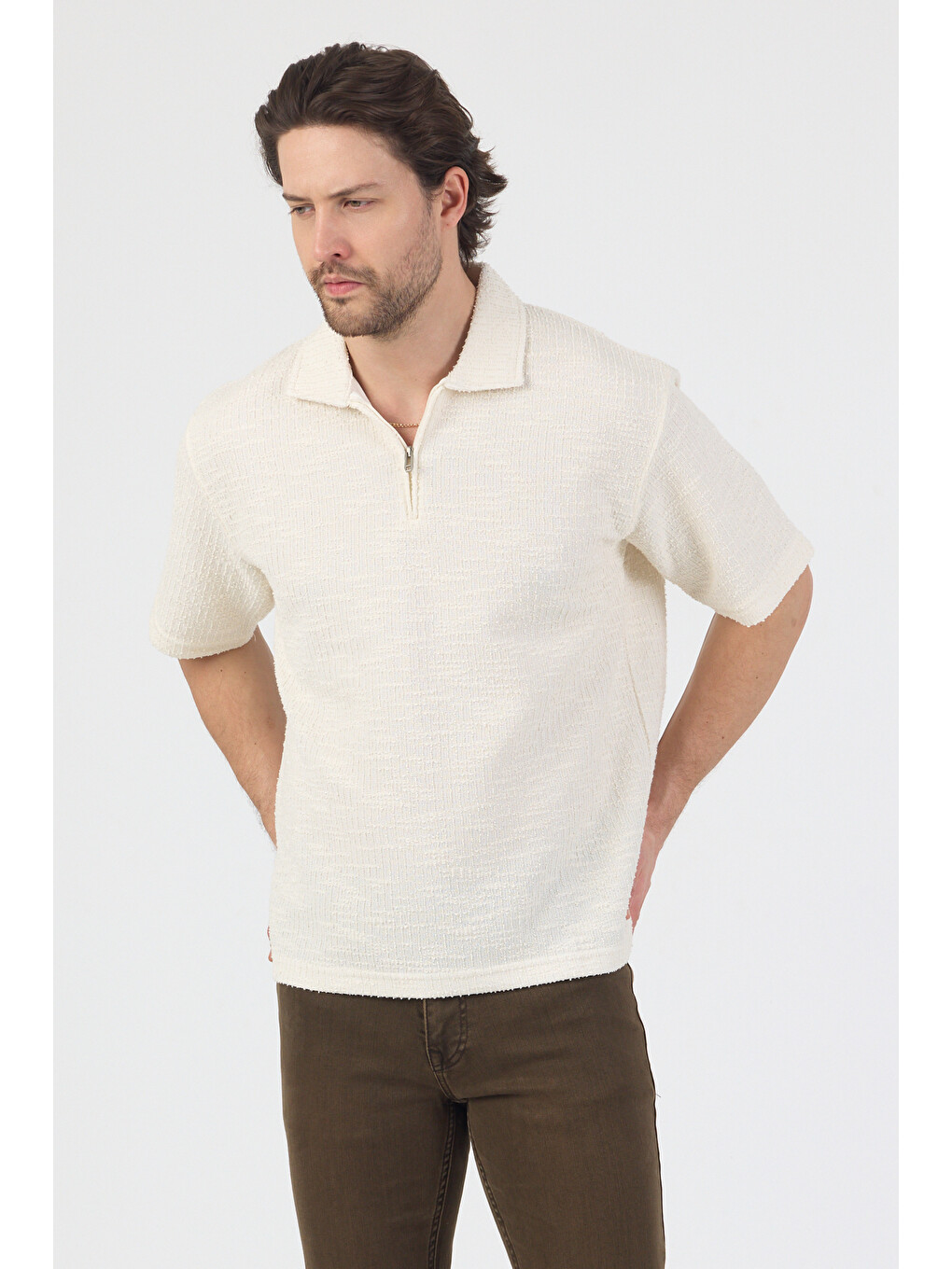 Erkek Teknik Kumaş Polo Yaka Tshirt Ekru-2