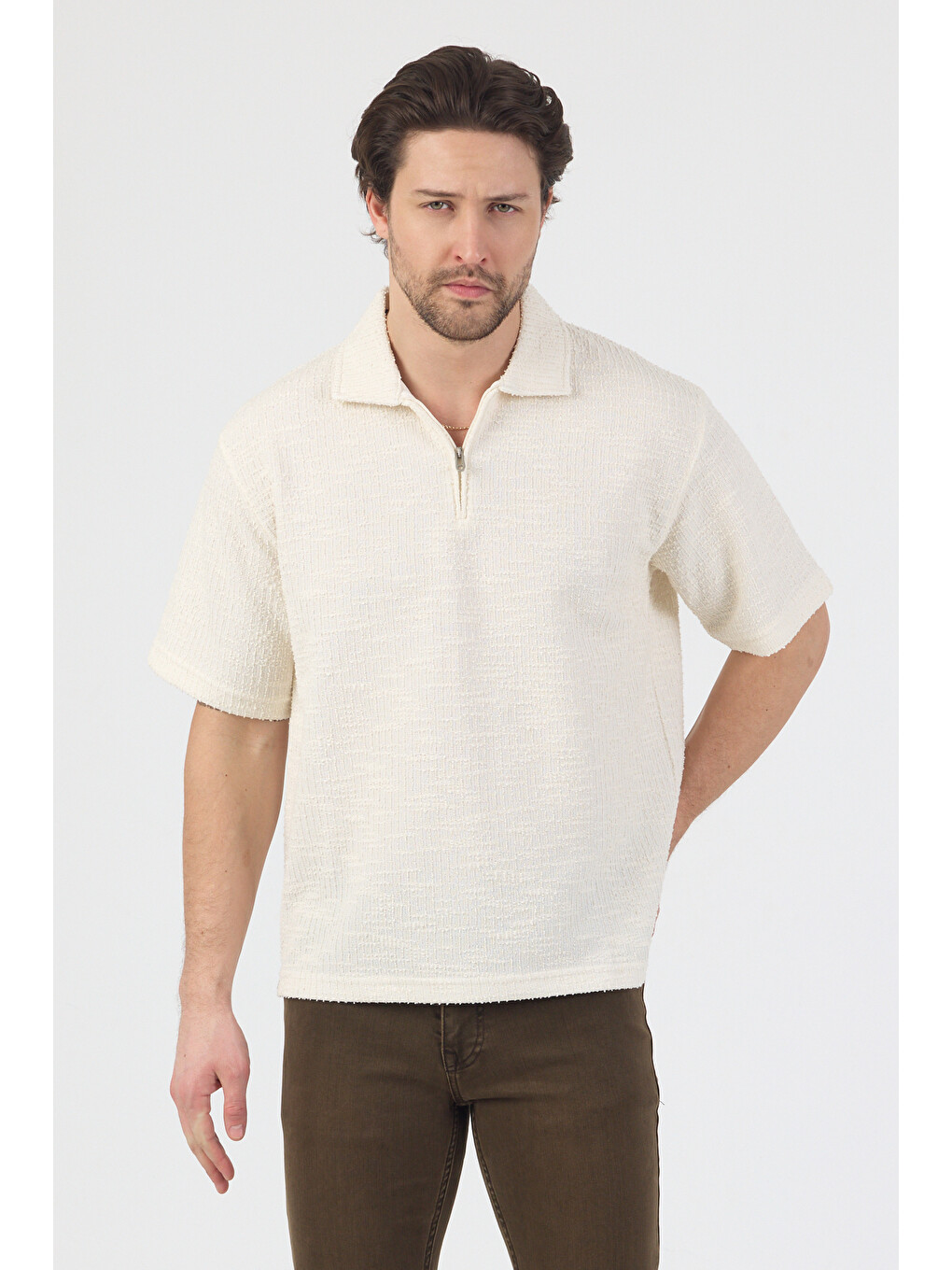 Erkek Teknik Kumaş Polo Yaka Tshirt Ekru-3
