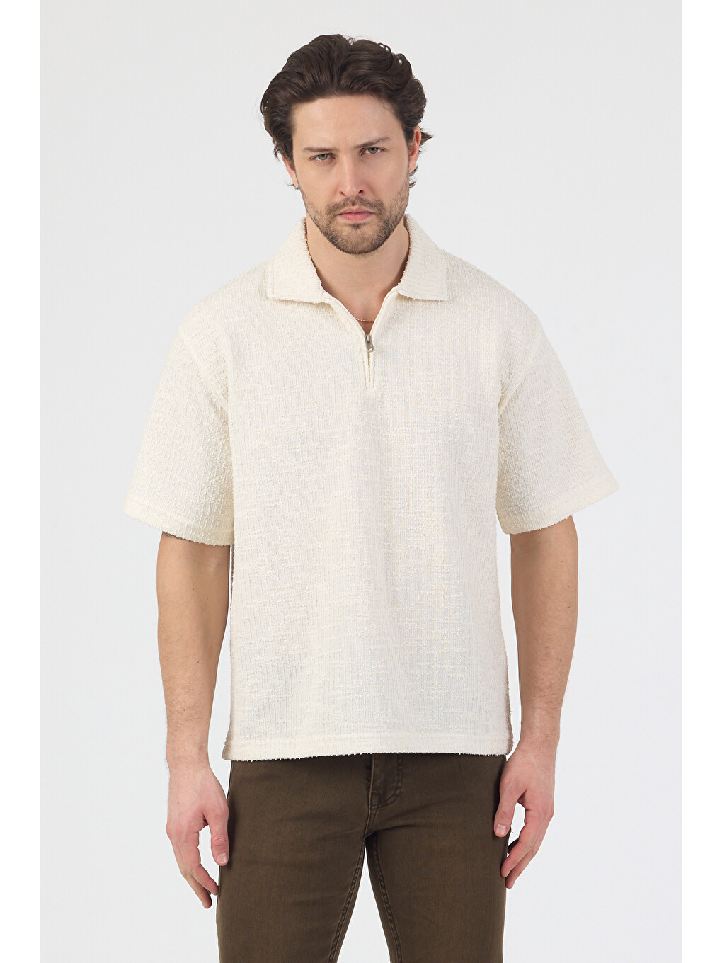 Erkek Teknik Kumaş Polo Yaka Tshirt Ekru-4