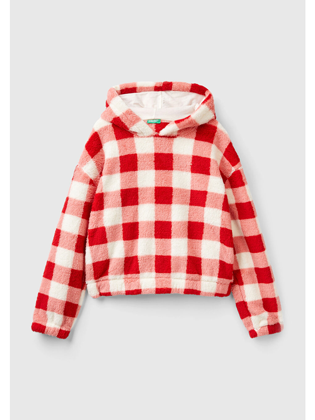 Kadın Kırmızı Düşük Omuzlu Dama Desenli Crop Sweatshirt-1