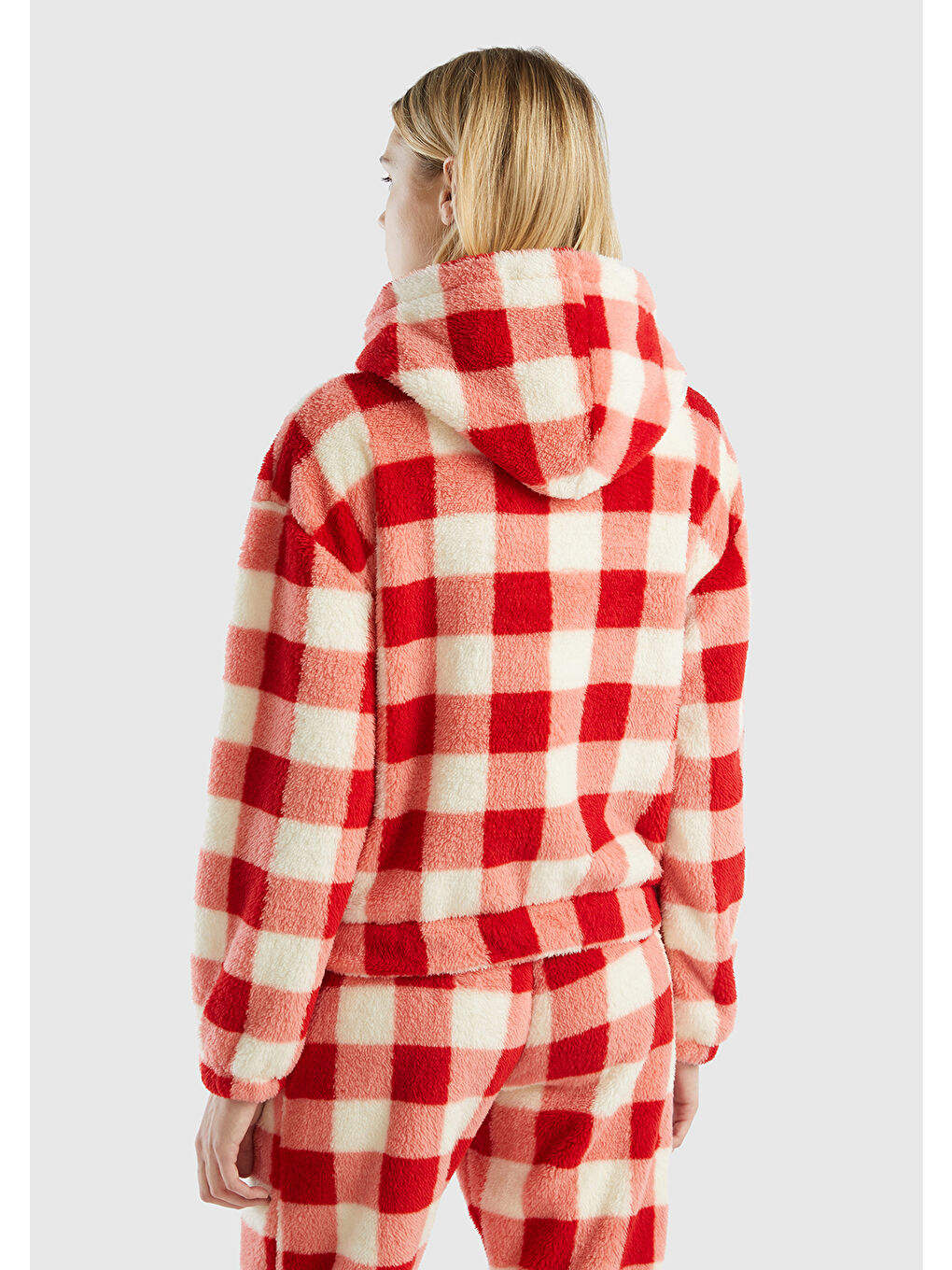 Kadın Kırmızı Düşük Omuzlu Dama Desenli Crop Sweatshirt-2