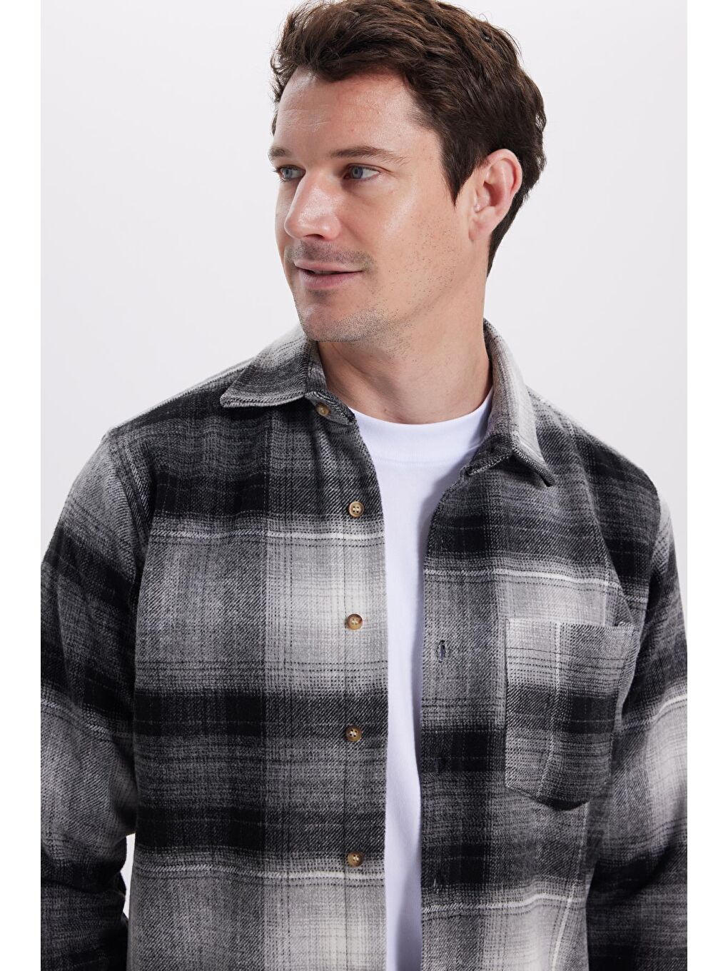 Gri Erkek Regular Fit Rahat Kesim Kışlık Kareli Oduncu Gömlek-1
