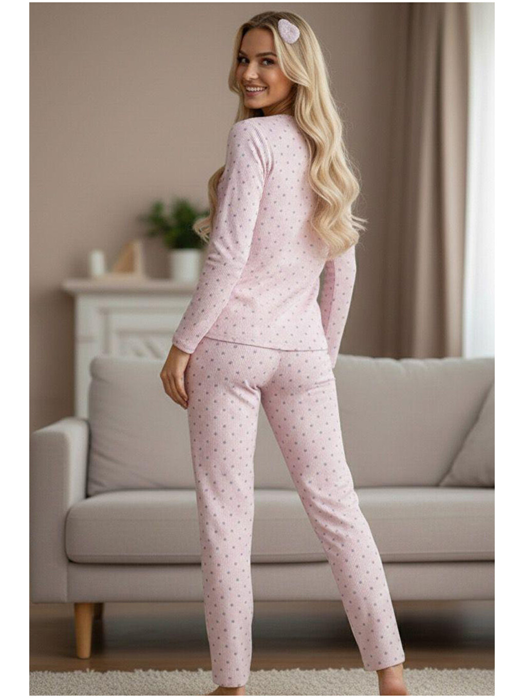 Pembe Gri Çizigili Desenli Mevsimlik İnce Bisiklet Yaka Örme Pijama Takım 7979-2