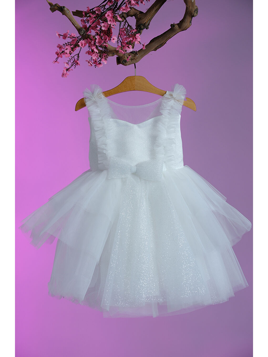 Beyaz Beli Fiyonk Detaylı Simli Kız Çocuk Abiye ABY.4006