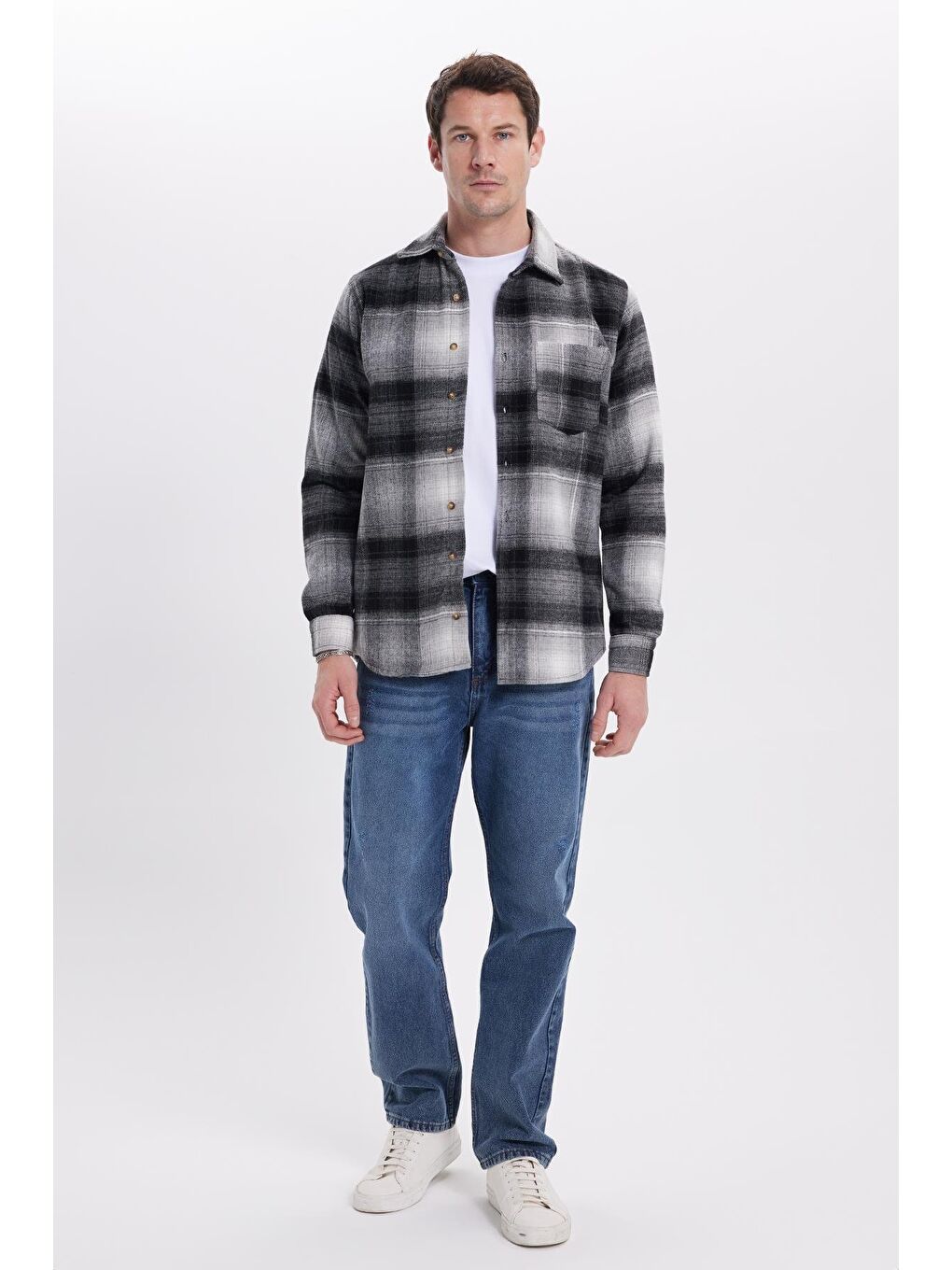 Gri Erkek Regular Fit Rahat Kesim Kışlık Kareli Oduncu Gömlek-3