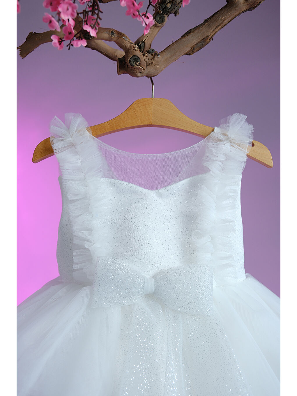 Beyaz Beli Fiyonk Detaylı Simli Kız Çocuk Abiye ABY.4006-2