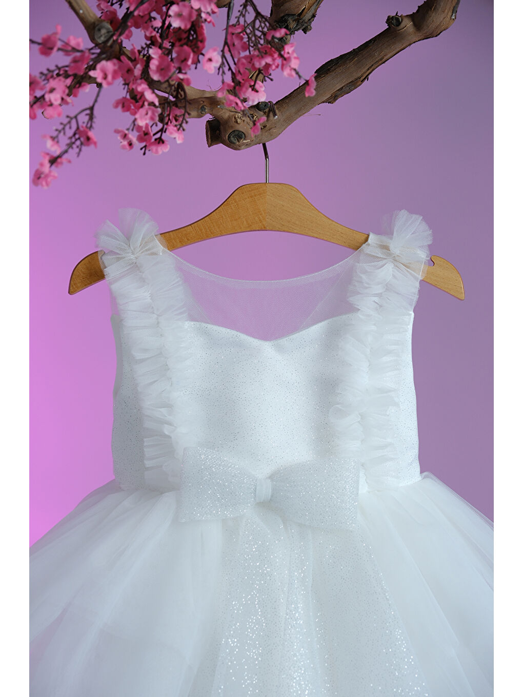 Beyaz Beli Fiyonk Detaylı Simli Kız Çocuk Abiye ABY.4006-4