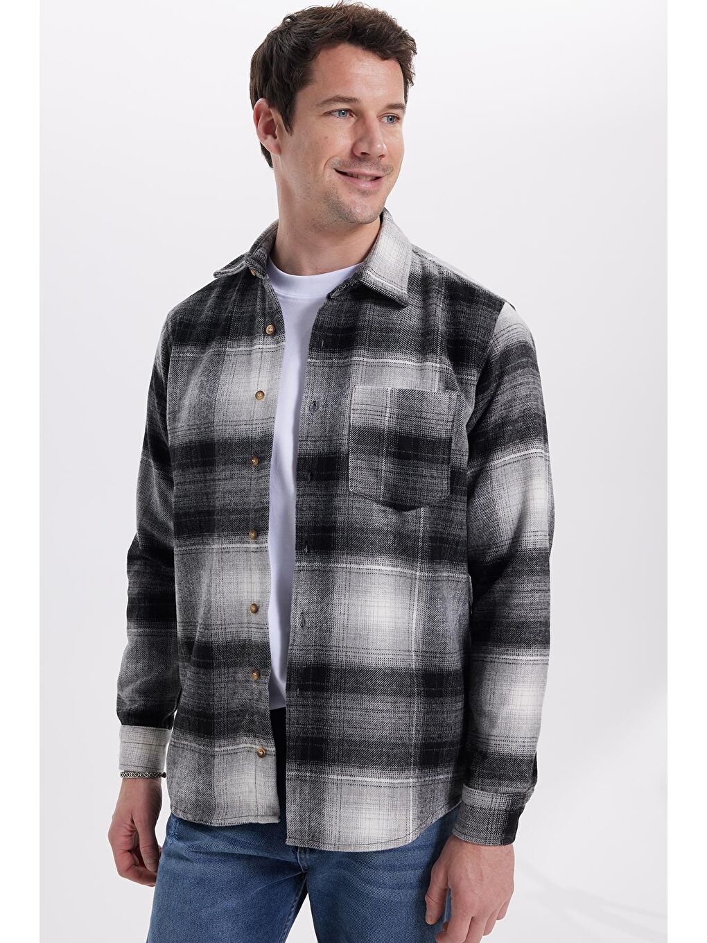 Gri Erkek Regular Fit Rahat Kesim Kışlık Kareli Oduncu Gömlek-4
