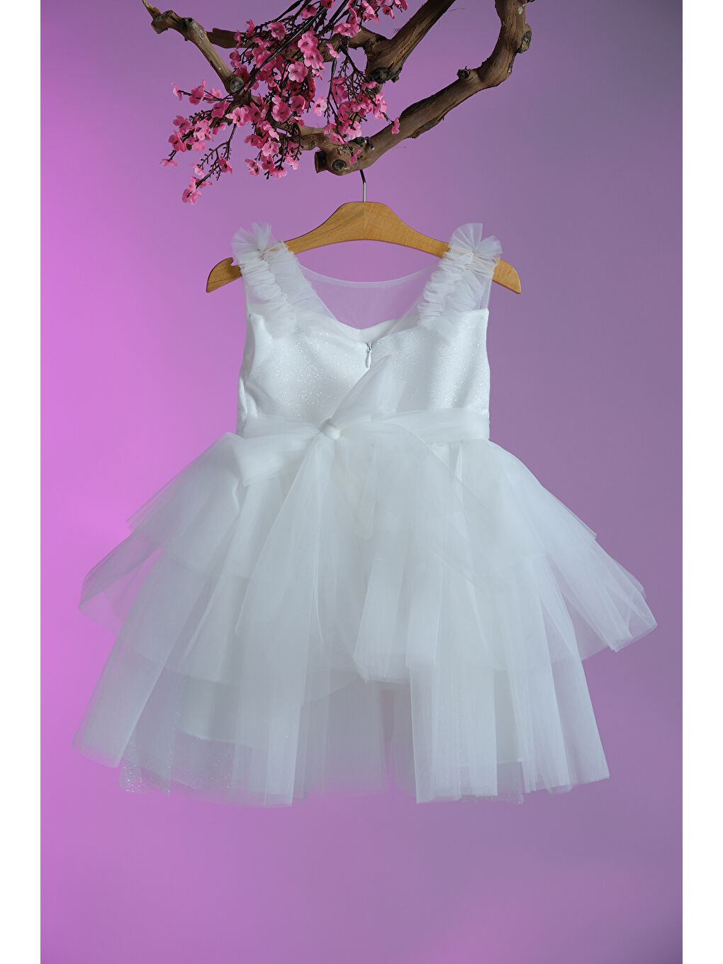 Beyaz Beli Fiyonk Detaylı Simli Kız Çocuk Abiye ABY.4006-5