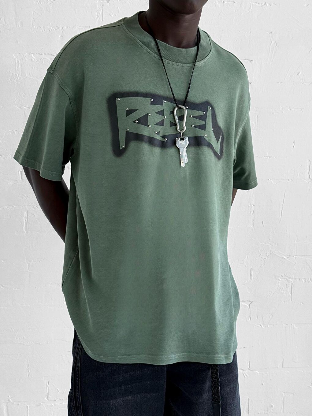 Erkek Baskılı Yıkamalı Premium Oversize T-Shirt Haki-2