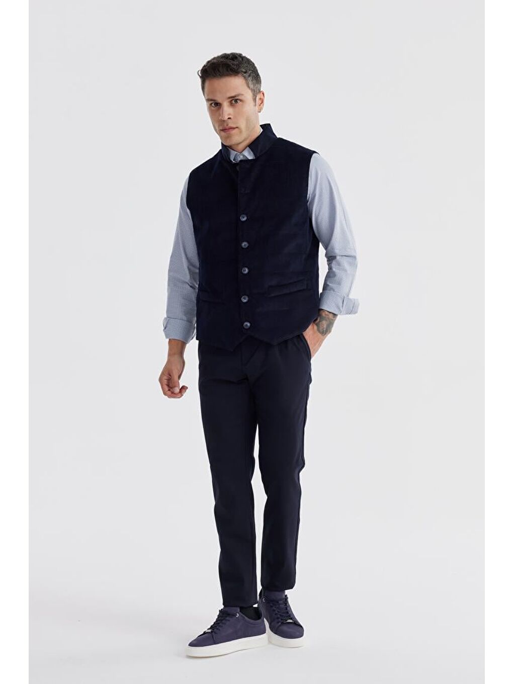 Lacivert Hakim Yaka Çift Taraflı Slim Fit Yelek