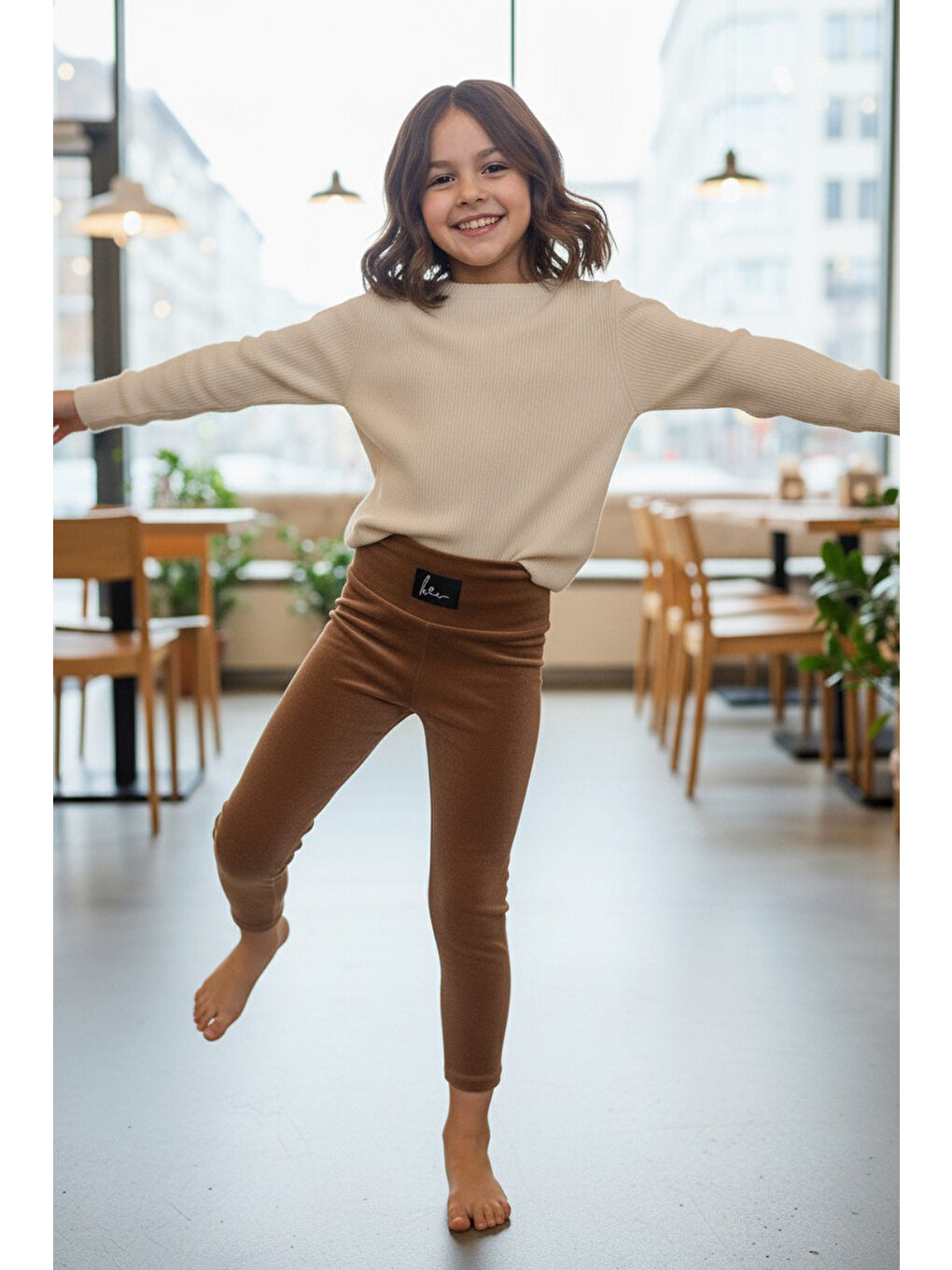 Kahverengi Kız Çocuk Taba Armalı Raporlu Tayt - 27962-TABA