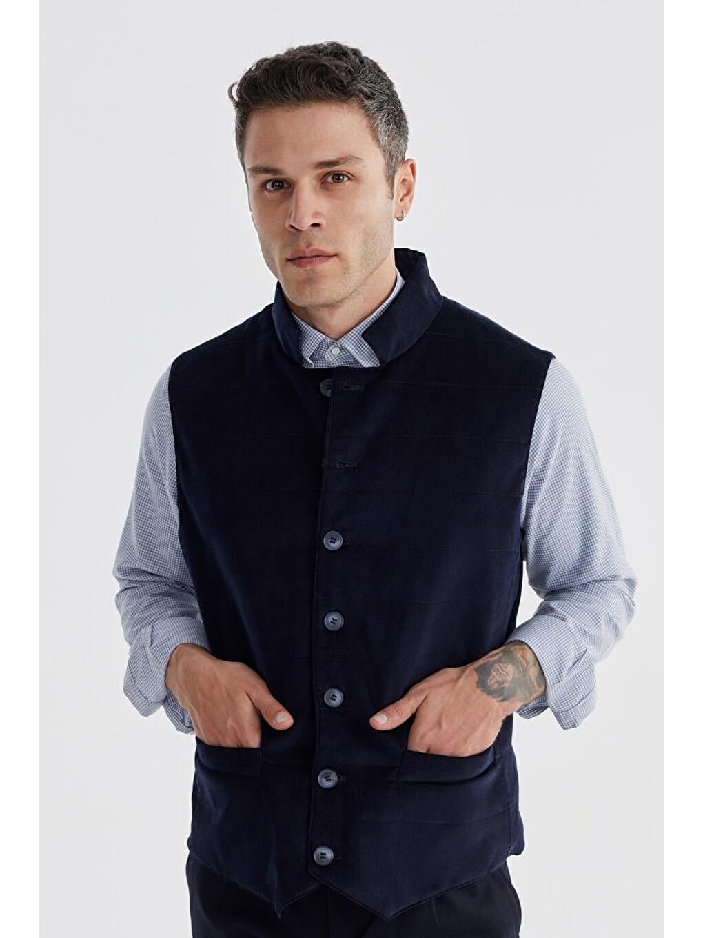 Lacivert Hakim Yaka Çift Taraflı Slim Fit Yelek-1