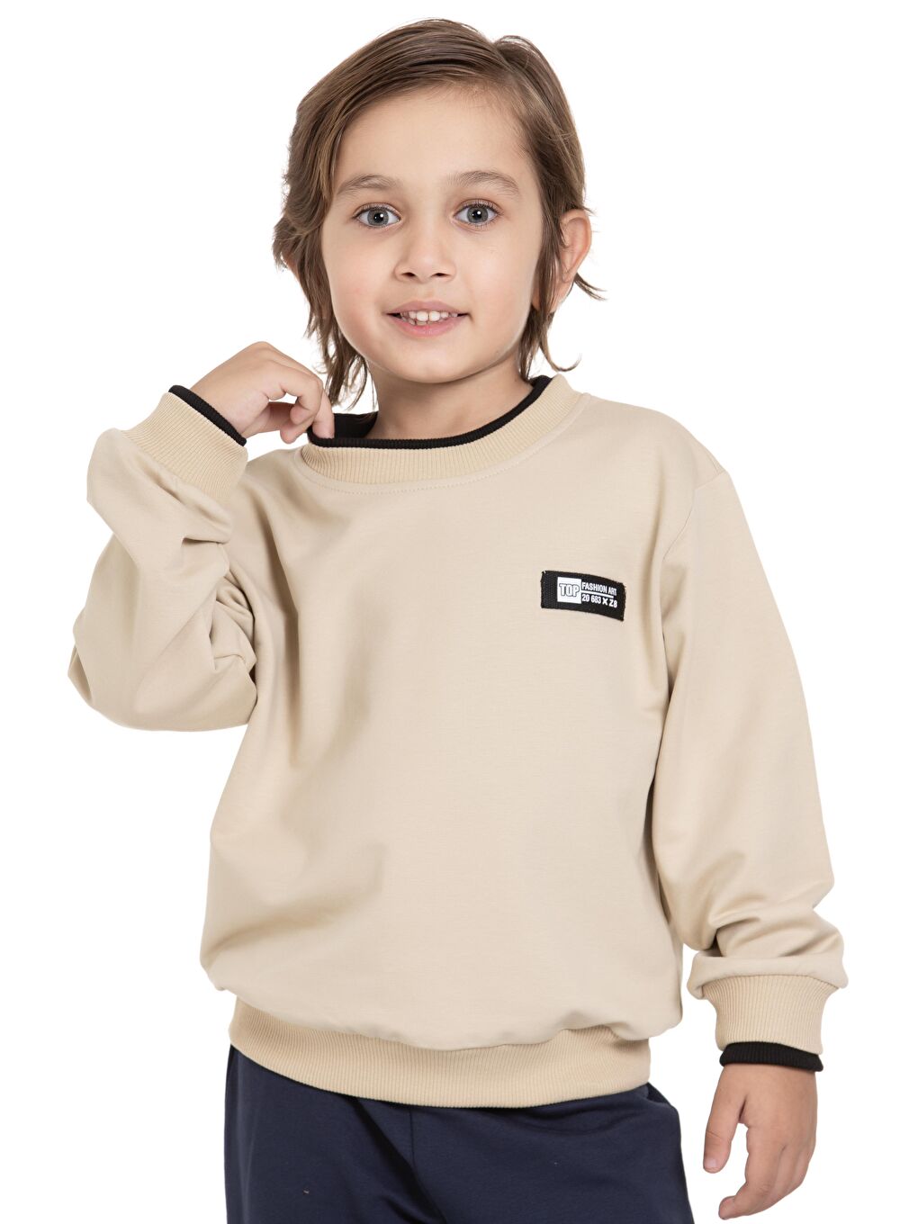 Yakası Kaşkorse Detaylı Bej Renk Erkek Çocuk Sweatshirt