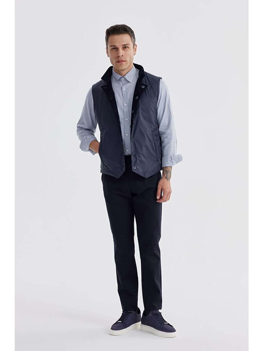 Lacivert Hakim Yaka Çift Taraflı Slim Fit Yelek-4