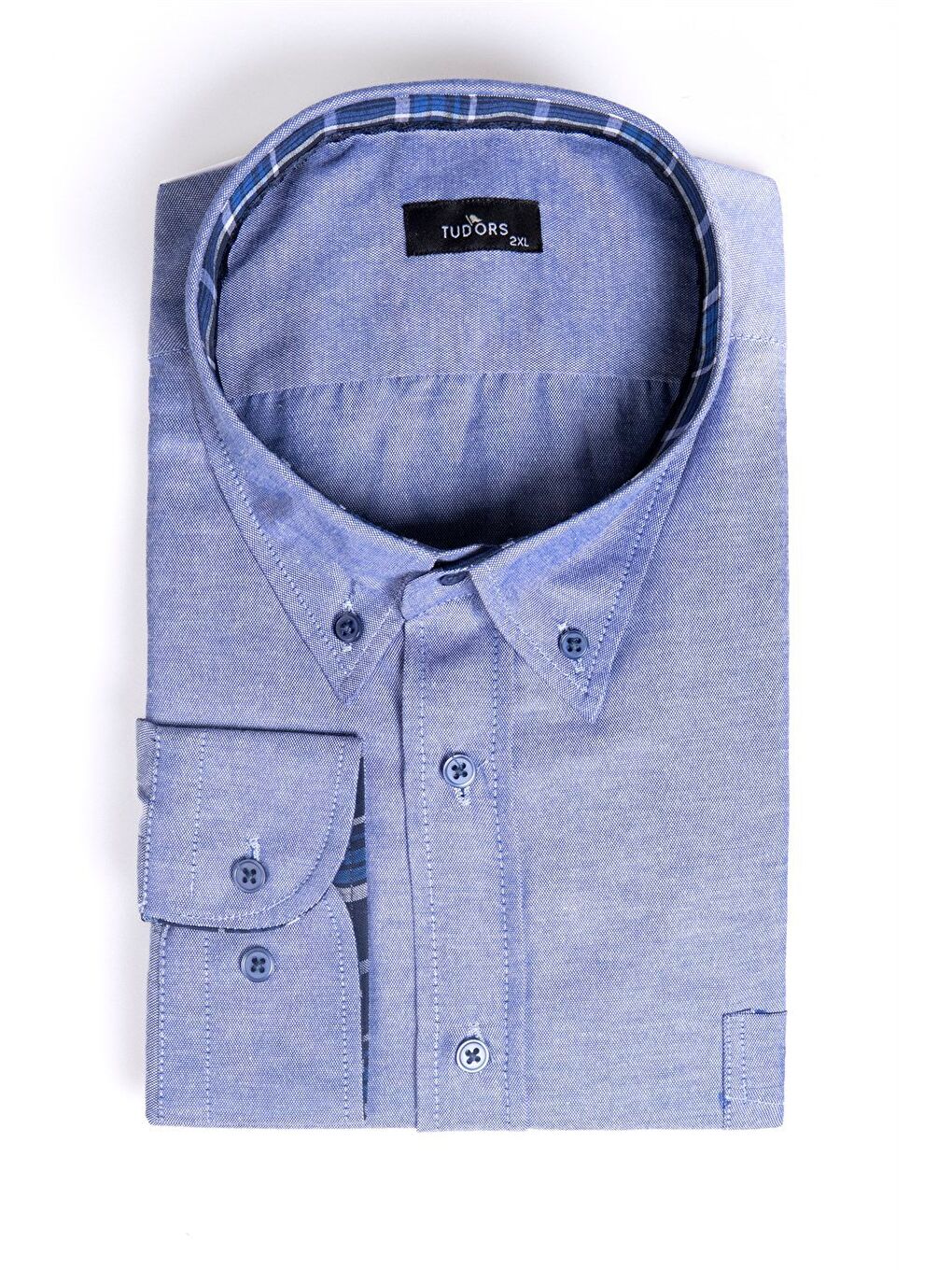 Erkek   Uzun Kollu Pamuklu Oxford Doku Tek Cepli Sax Mavi Düğmeli Yaka Büyük Beden Gömlek