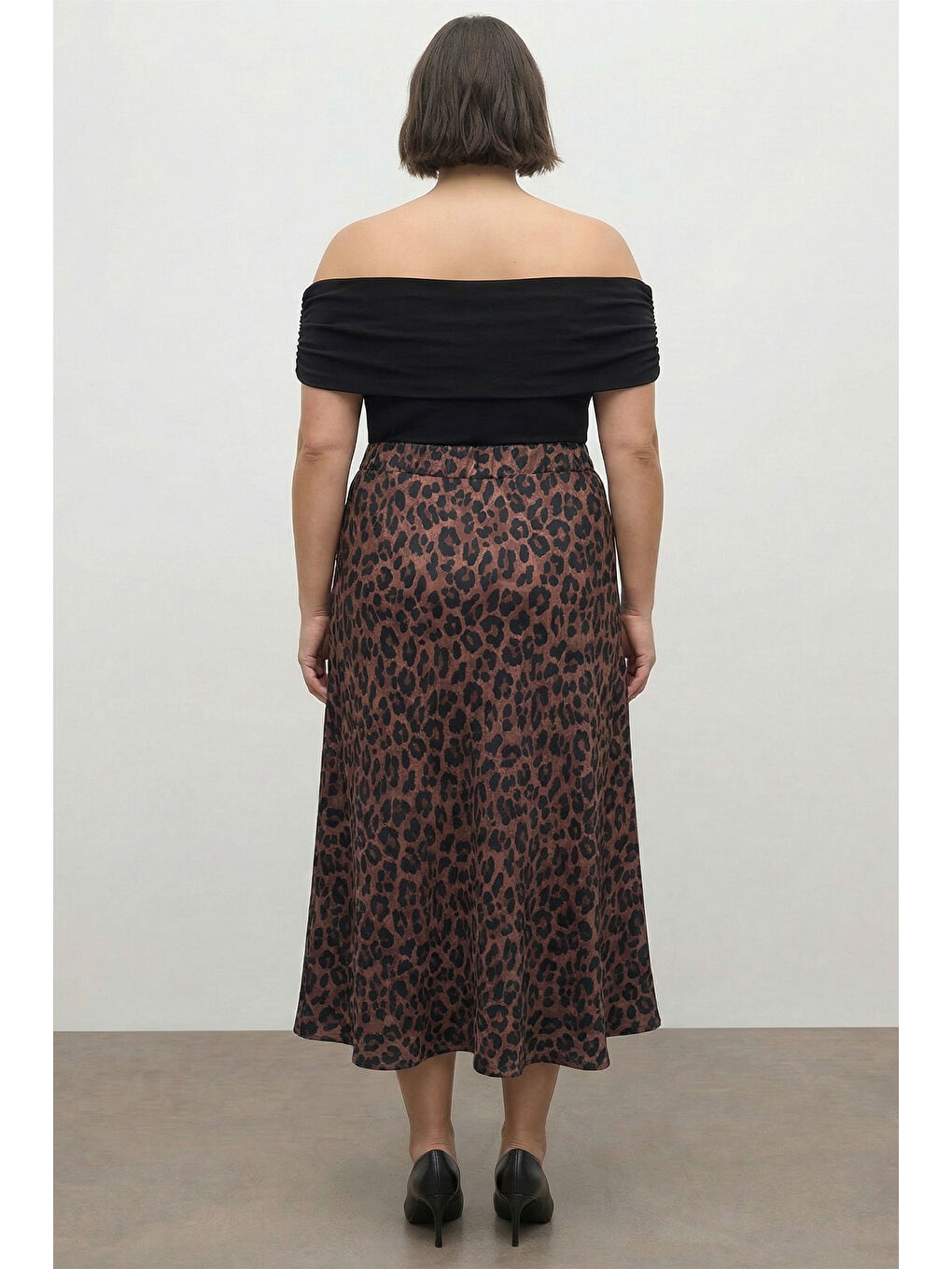 Kahverengi Desenli Saten Midi Etek-1