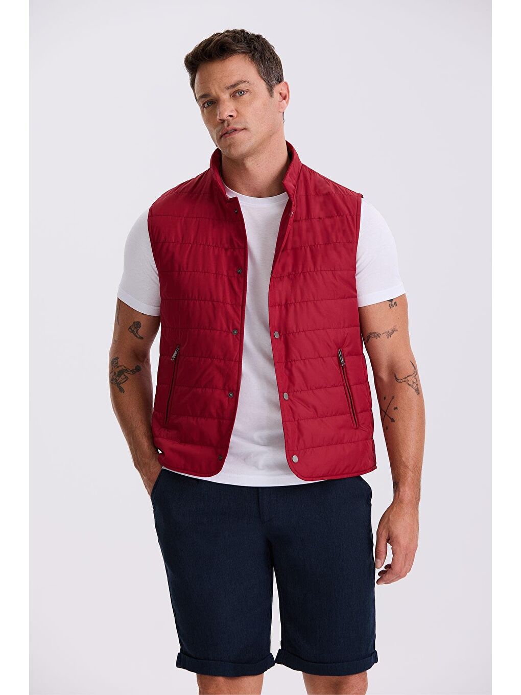 Kırmızı Hakim Yaka Elyaflı Slim Fit Yelek-1