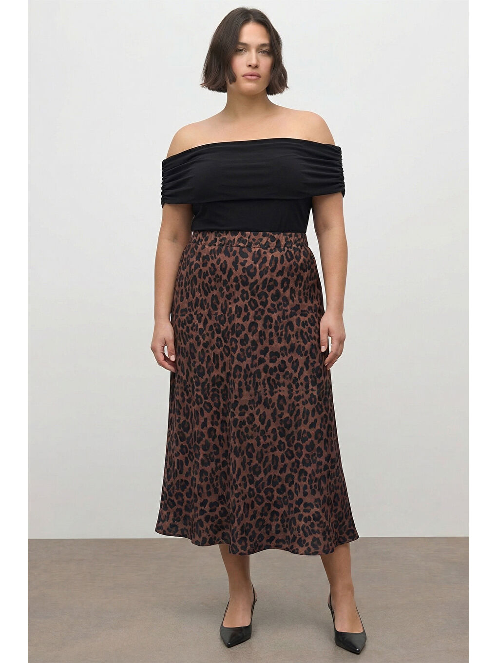 Kahverengi Desenli Saten Midi Etek-2