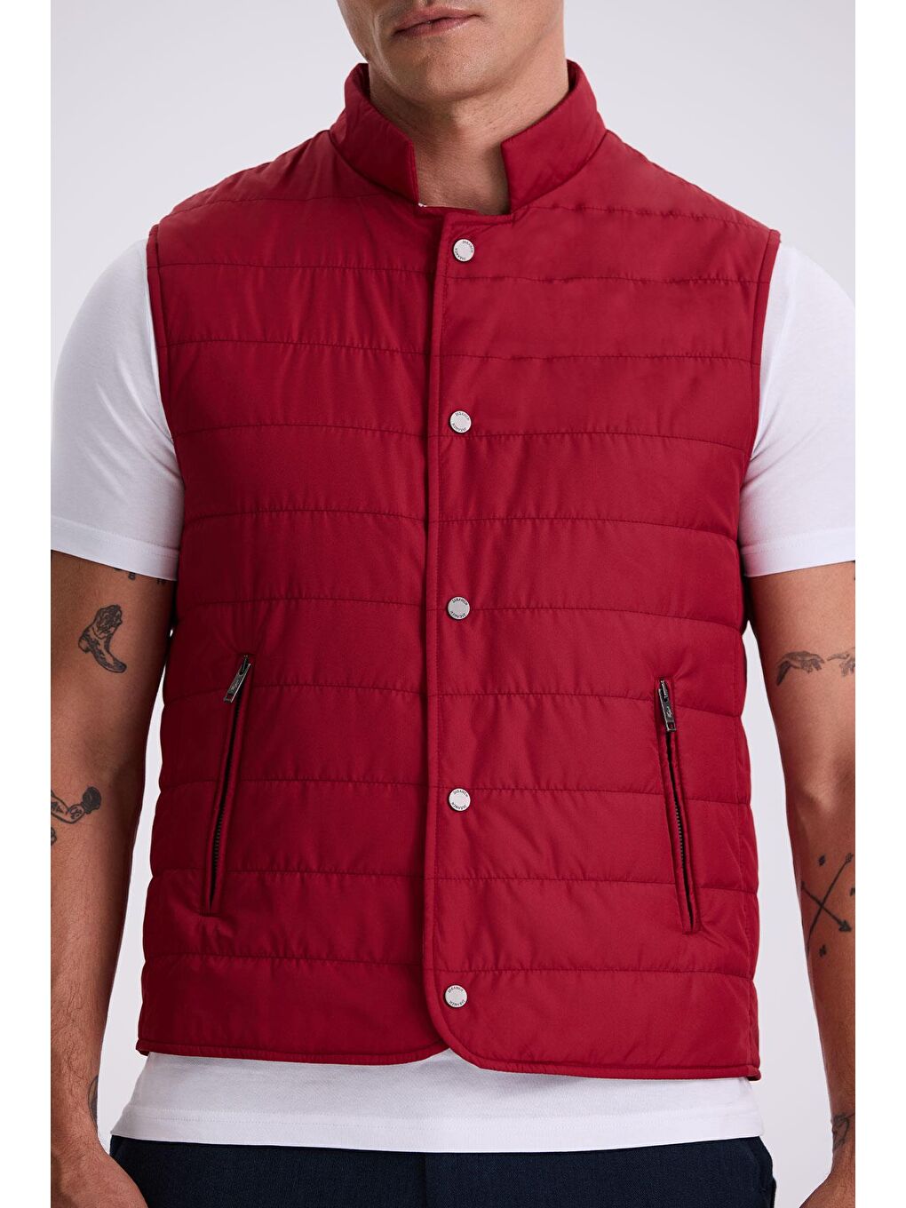 Kırmızı Hakim Yaka Elyaflı Slim Fit Yelek-2