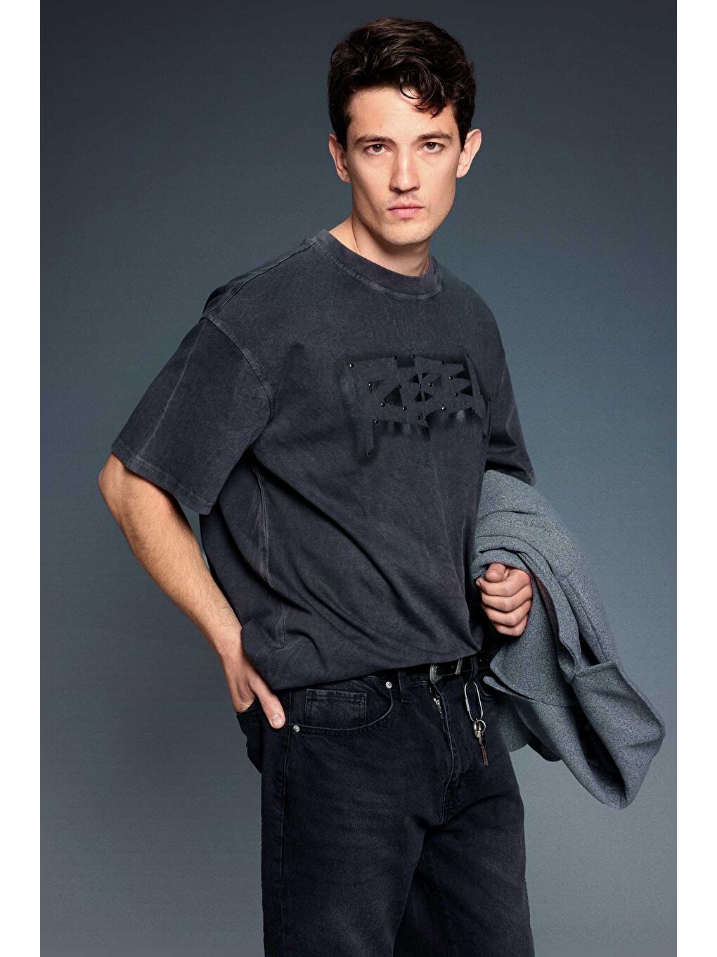 Erkek Baskılı Yıkamalı Premium Oversize T-Shirt Siyah-3